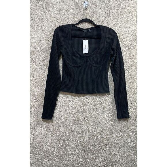 ASOS DESIGN NWT Ribbed Bust Seam Detail Corset Long Sleeve Top in Black Size 6 - Picture 1 of 11
